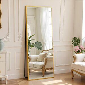Full Length Gold Mirror with Stand 64"x21" Floor Standing Aluminum Frame